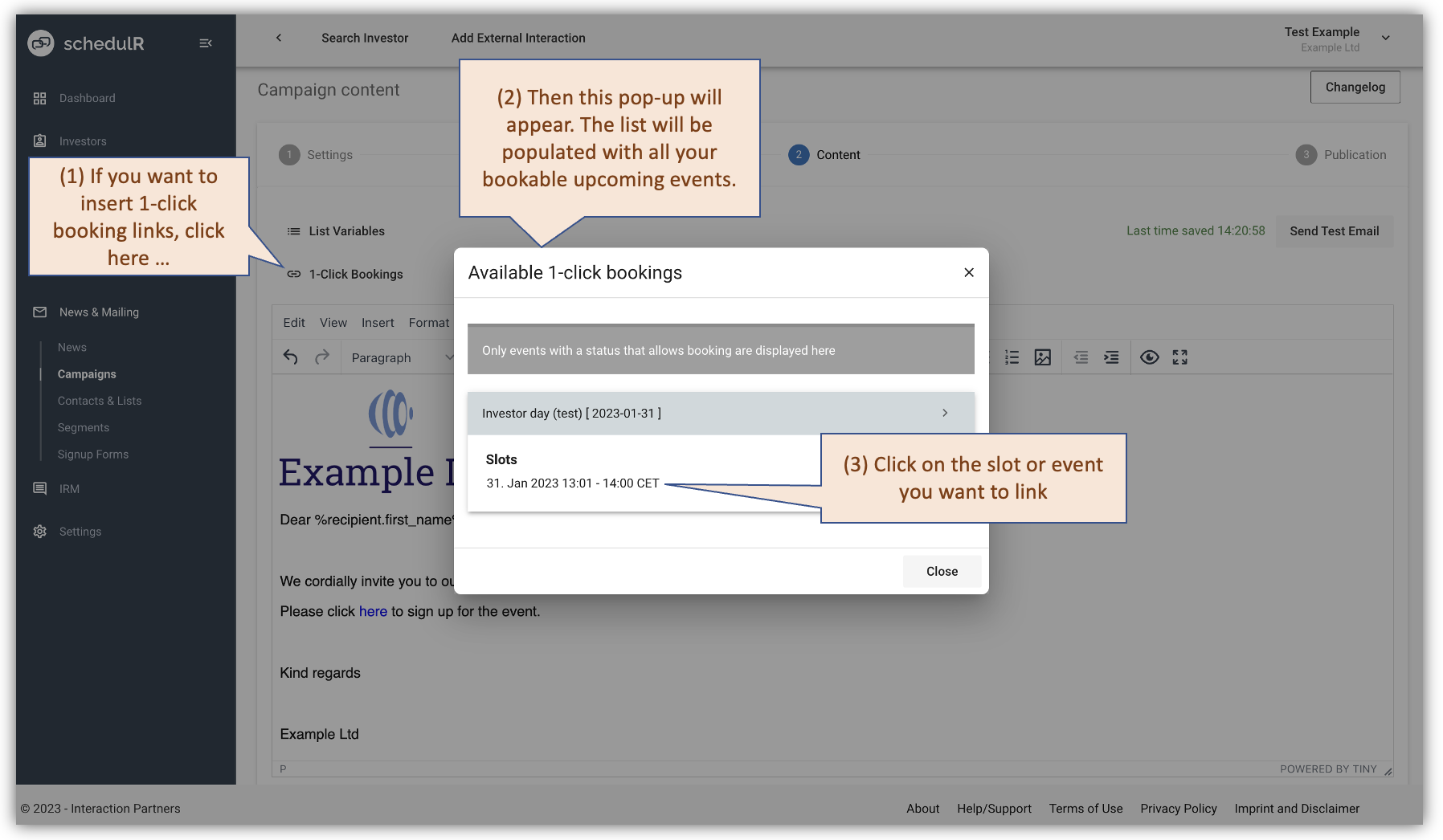 Figure 11.3 – Campaign - Content – 1-click booking link – (1/2)