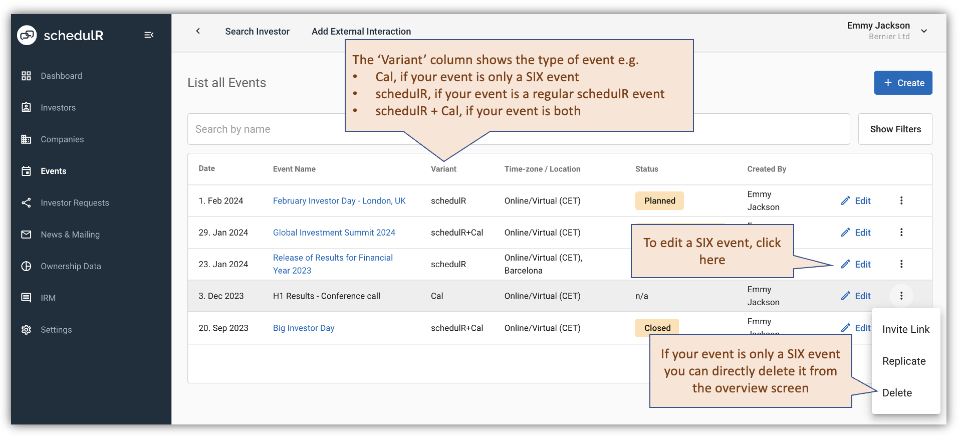 Figure 12.5 – Edit &amp; Delete SIX Events – 1/2