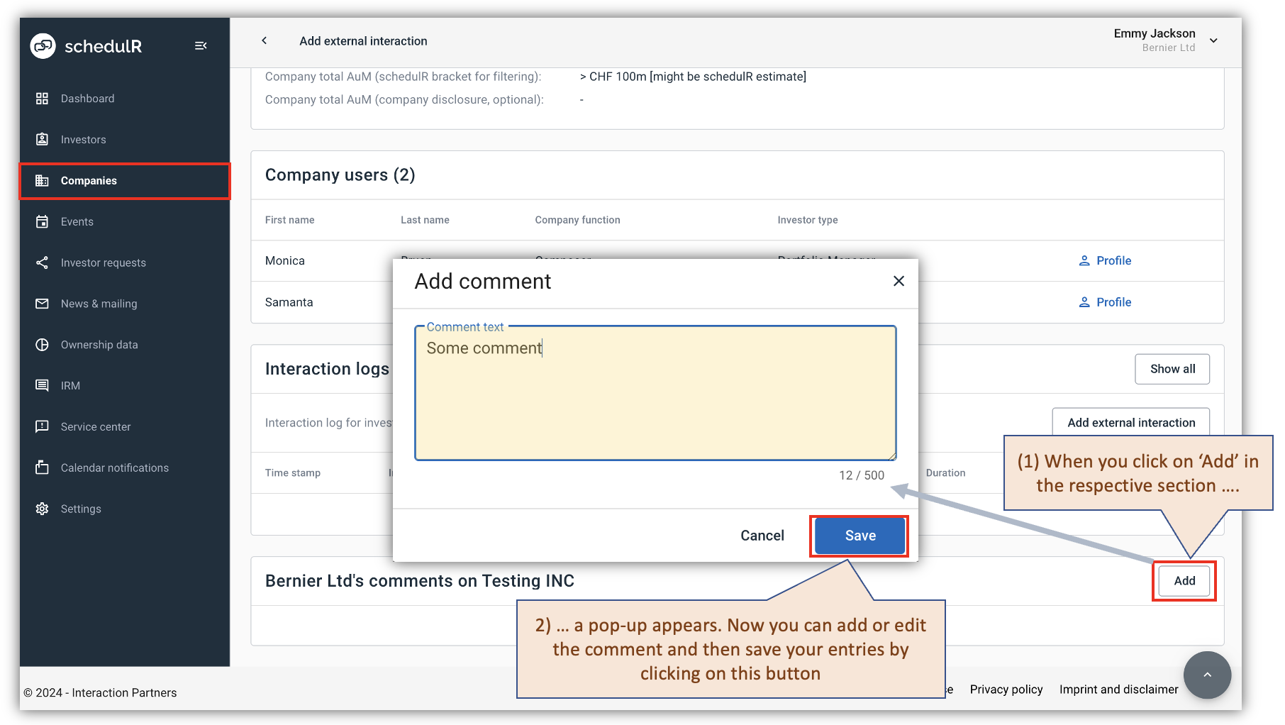 Figure 4.3 – Add private comment to investment company – Via ‘Companies’