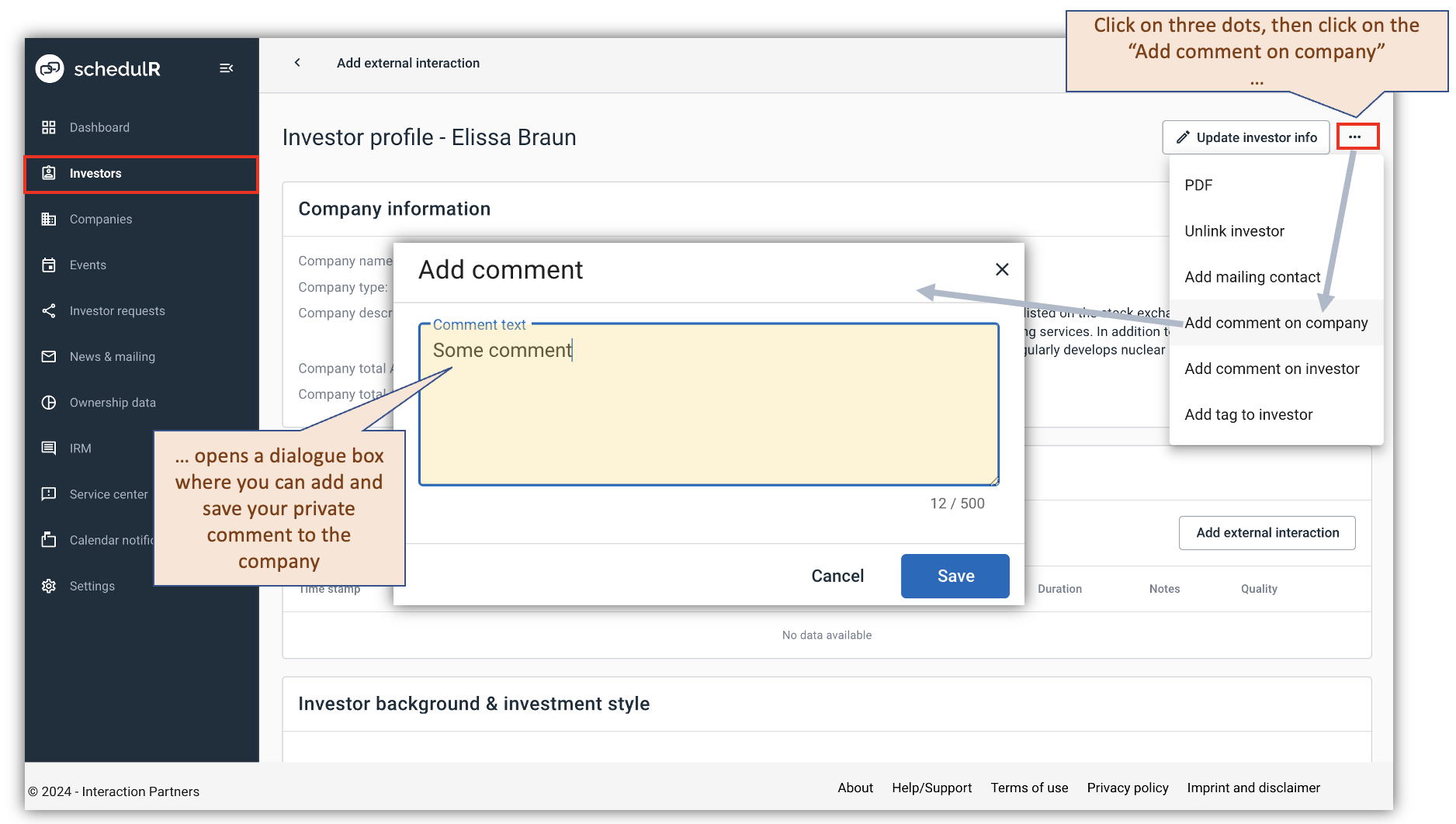 Figure 4.4 – Add private comment to investment company – Option 2